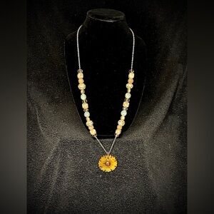 Boho Beaded Slip-On Necklace with Carved Flower Pendant item#0034